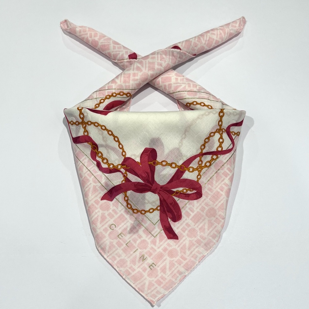 Celine Handkerchief VTG Mini Scarf Bannada Art Logo Pink Cotton Pocket Square 22